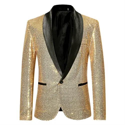 Etta - Glanzende Gouden squin glitter met knoop fleece waterdichte Heren Blazer